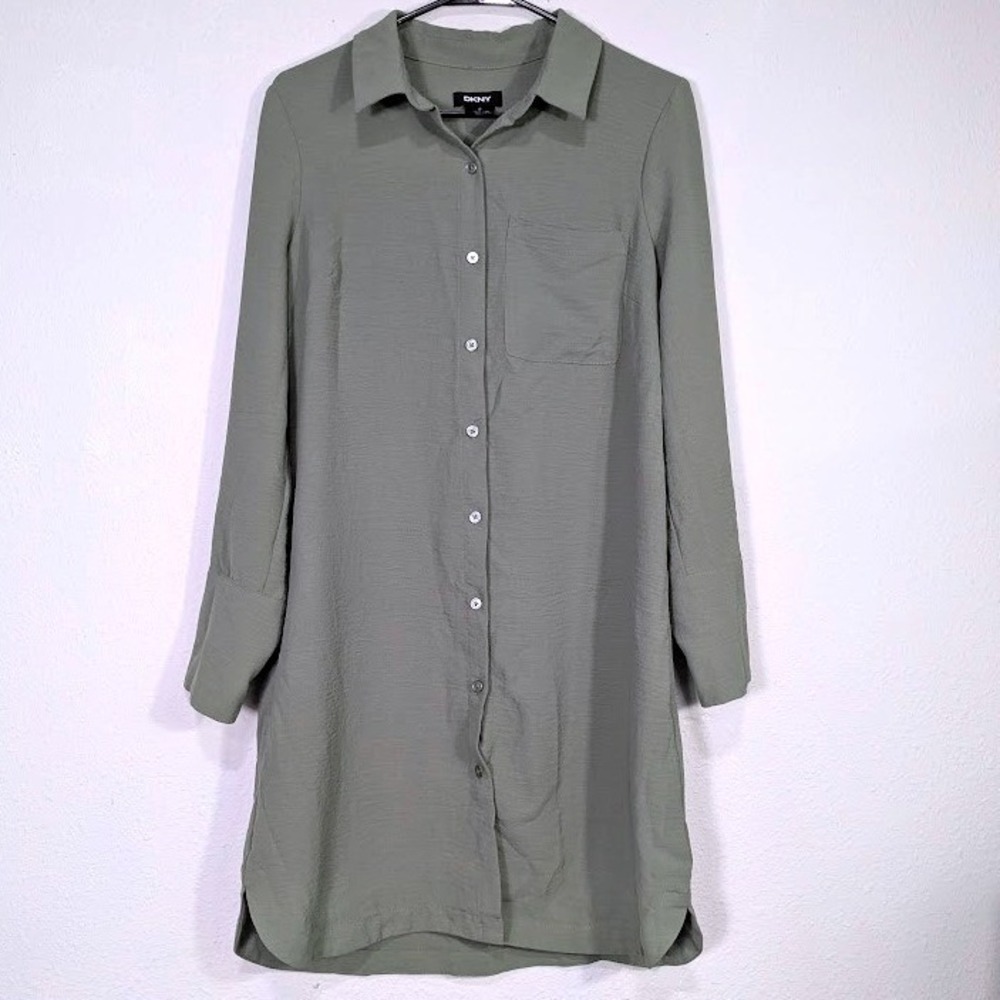 DKNY Womens Shirt Dress Size 8 Sage Green Long Sleeve Button Front Olive Tunic